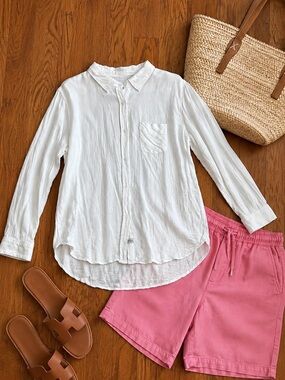 Rails Womens Large White Striped Linen Blend Button Down Shirt High Low Hem